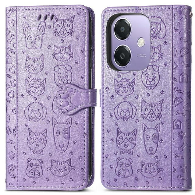 Funda Cartera FOXDOCK para OPPO A3 4G , Flip PU con Relieve de Gatos y Perros, Tarjetero y Soporte