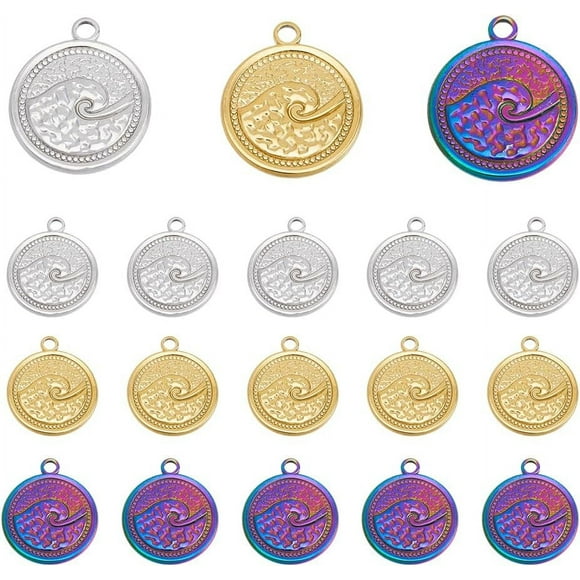 18Pcs 3 Colors Flat Round Charms with Spindrift Pattern Engraved Coin Pendants Tibetan Disc Charms Round Charms with Loop Stainless Steel Pendants for Jewelry Making