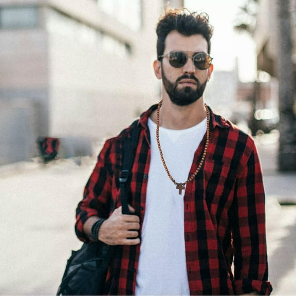 K-KED Wooden Cross Necklace For Men Beaded Chain Necklace Rosary Trendy Necklace