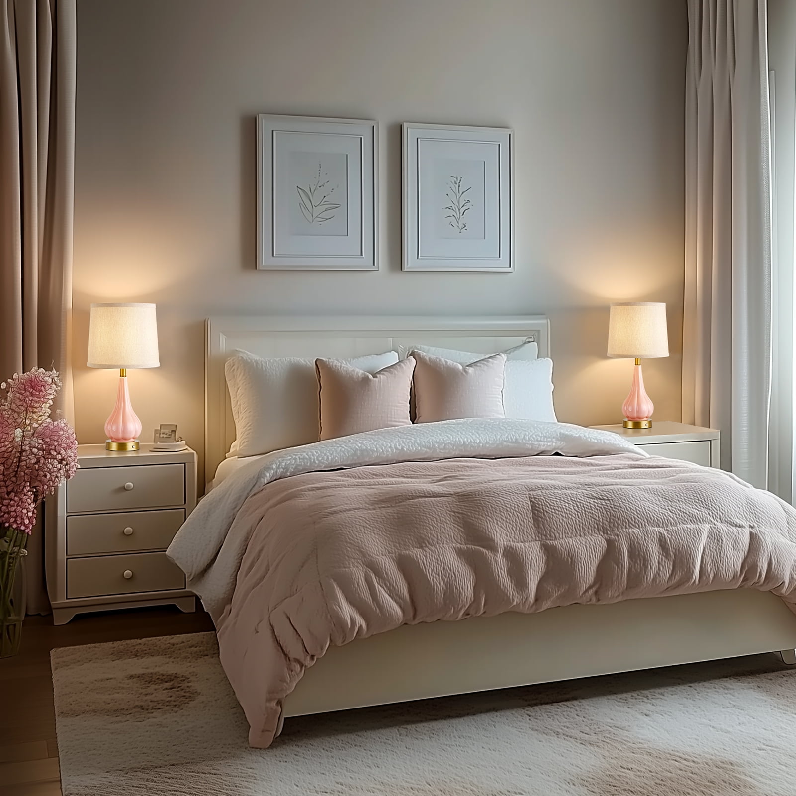 RORIA 18"Pink Ceramic Table Lamps Set of 2, Powered By a 5000mAh Rechargeable Battery, With Touch Controlled Dimming, Suitable for Living Rooms, Bedrooms, and Nightstands