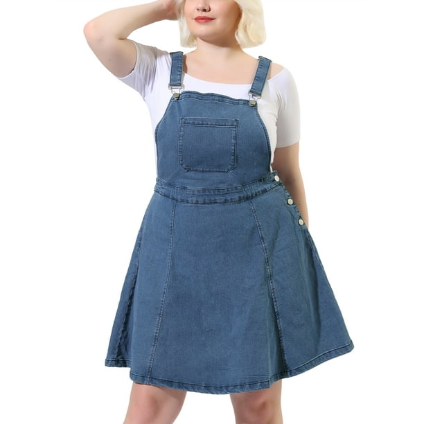 Women's Plus Size Jeans Suspender Skirt Patch Pocket Side Button Adjustable Strap Denim Overall Dress Blue 4X