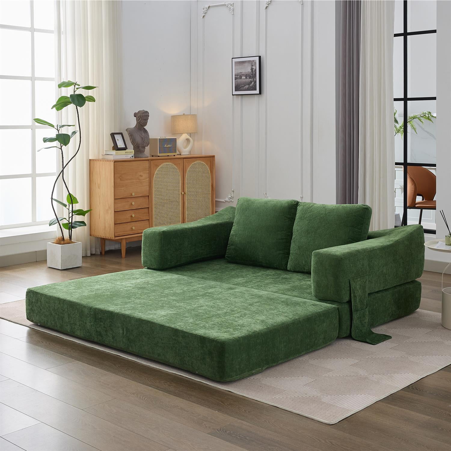 Demi Bonn 70" Modern Minimalist Convertible Sofa Bed, Fold-Out Sofa Chair, Versatile Floor Couch & Mattress for Living Room, Bedroom, Apartment, Removable Backrest, Green