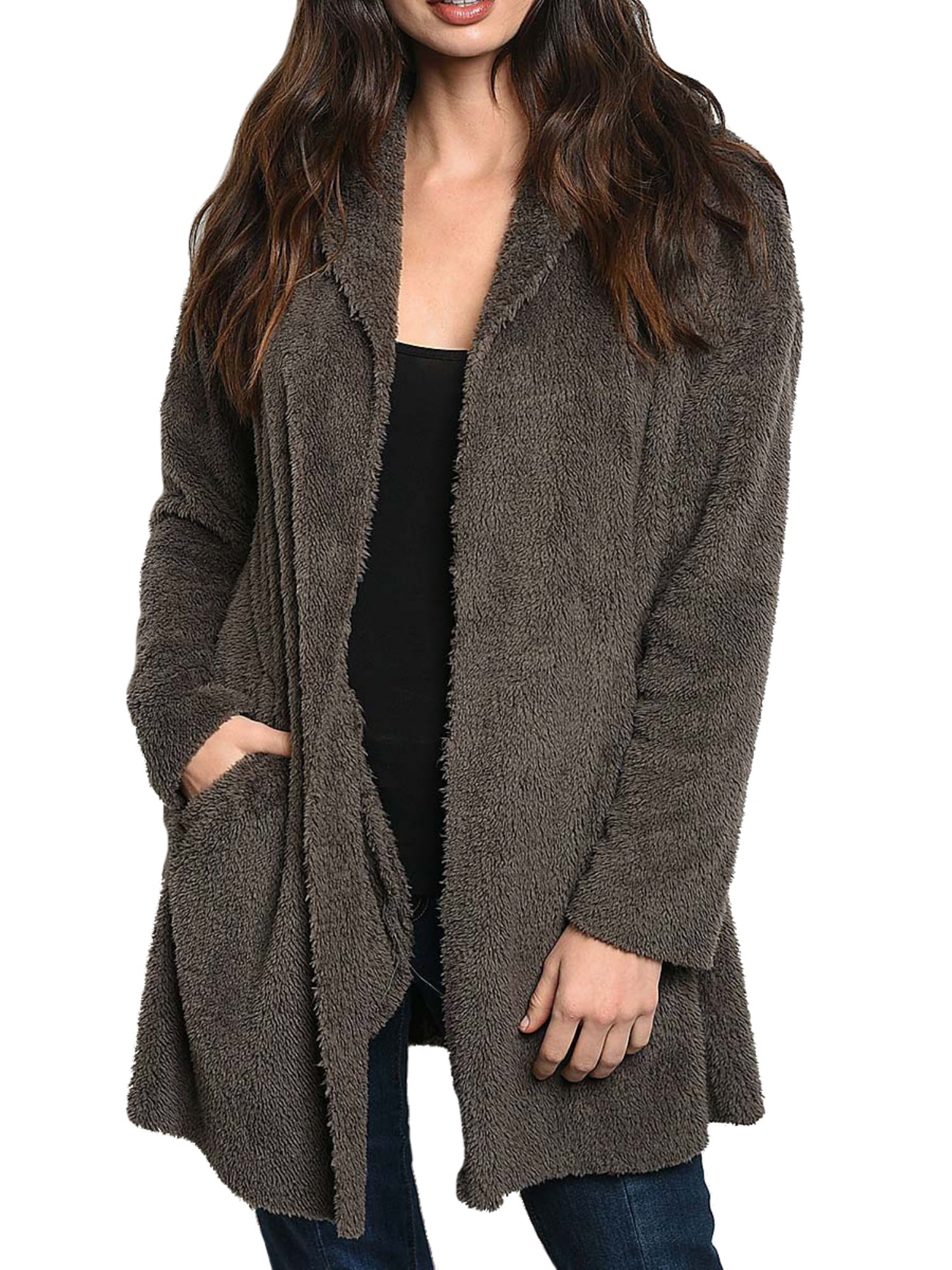 Fashion2love Women's Juniors Open Front Hooded Sherpa Cardigan Coat