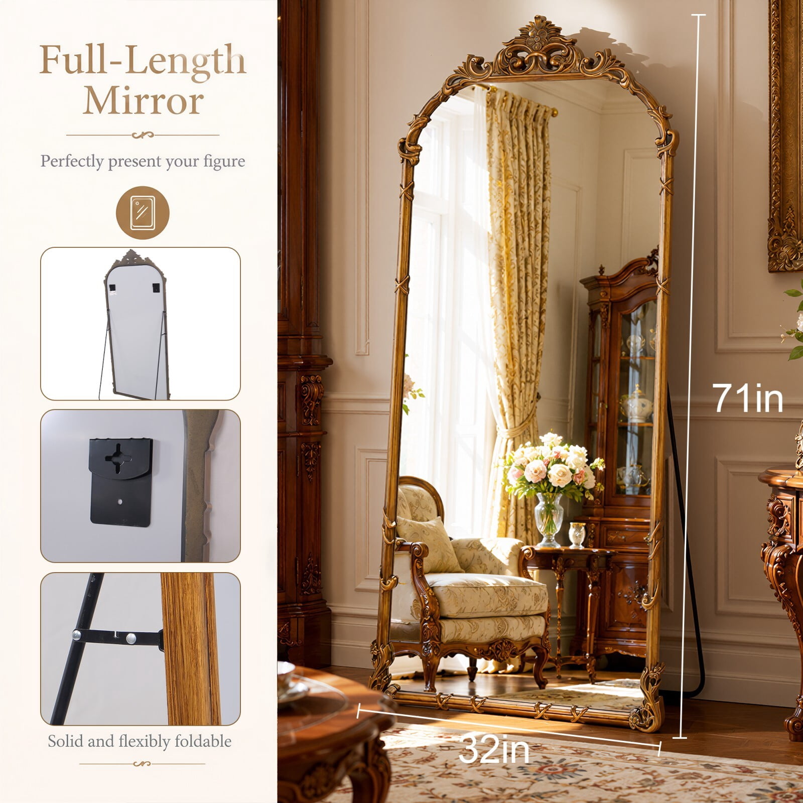 Easy4Home 71"x32" Arched Full-Length Floor Mirror Baroque Scroll Carved Standing Mirror, Antique Gold