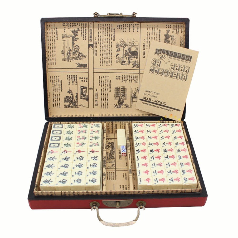 Portable Chinese Mahjong Set with 2 Pcs Dice Wooden Carrying Case for Travel Game