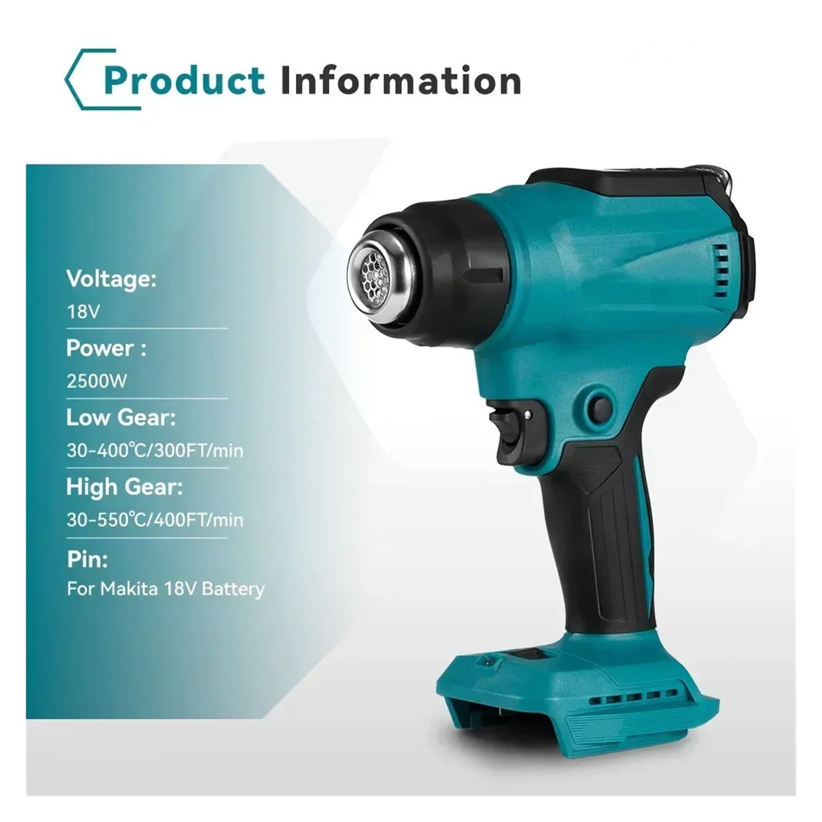 18V Heat Gun Shrink Wrapping Tool Hot Air Gun Air Dryer Soldering Thermal Blower with LED display, Tool only, No battery ,Variable Temperature