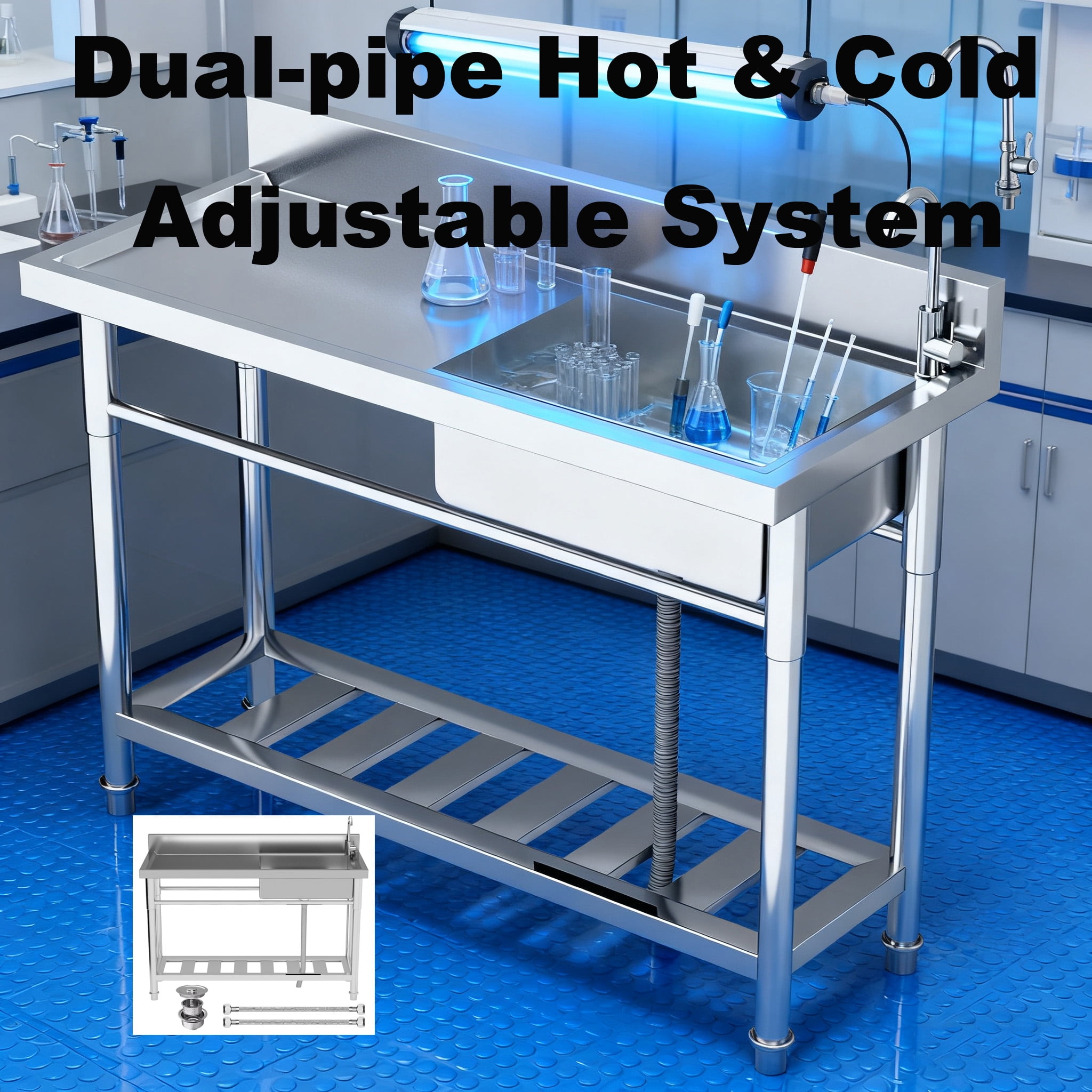 300lbs Free Standing Sink Two hot and cold water pipes, Utility Sink With Large Space Storage Rack, Stain-Resistant Commercial Kitchen Sink for Kitchen