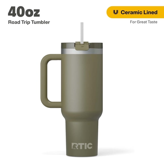 RTIC Road Trip 40 oz Leak-Resistant Straw Lid Ceramic Lined Tumbler, Olive
