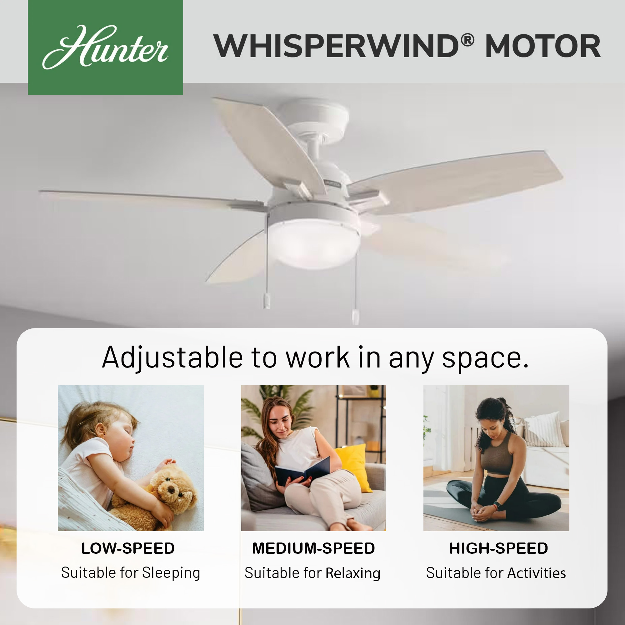 Restored Hunter Fan 52 inch White Ceiling Fan with Light and Pull Chain, Indoor Ceiling Fan with 5 Blades for Bedroom, Living Room, Kitchen, Office (Refurbished)
