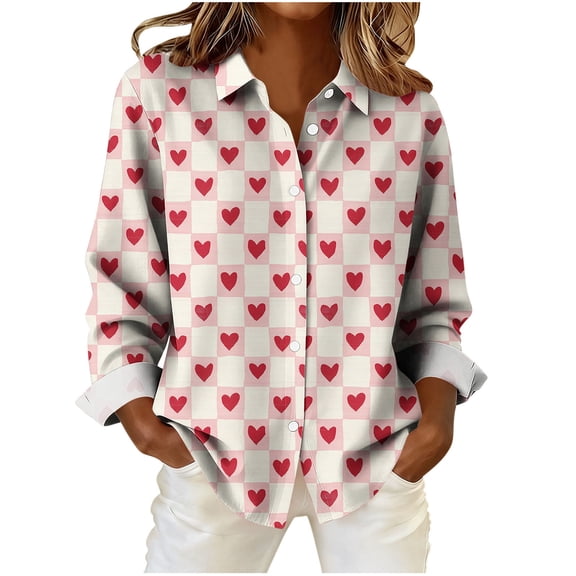 yillto Women's Valentine's Day Heart Blouse Button down Long Sleeve Tops Dress Business Casual Outfits