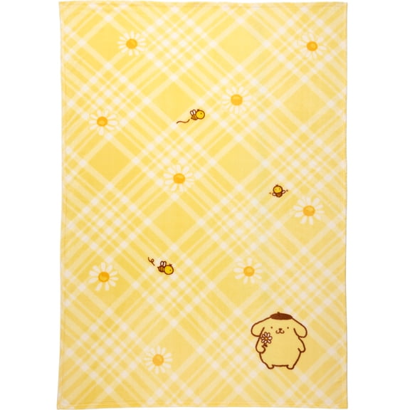 Pompompurin Yellow Gingham Print Fleece Bed Blanket, Twin/Full, Sanrio