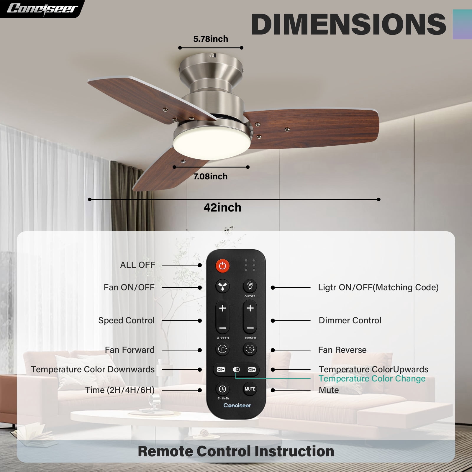 42 Inch Ceiling Fans with Lights and Remote, Bedroom Living Room Office, Flush Mount, 6CCT Dimmable, Dual Color 3 Blades 6 Speed Reversible Quiet DC Motor, Sand-nickel/Wood Grain, 2 Pack