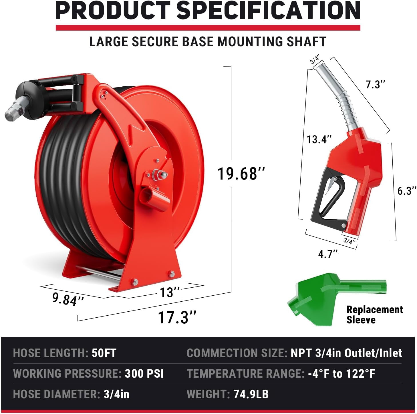 XUTUMM Diesel Fuel Hose Reel Retractable 3/4" x 50' Adjustable Dual Arm, All-weather, Auto Rewind, Heavy Duty Steel, with Fueling Nozzle for Aircraft Ship Vehicle Tank Truck, 300 PSI