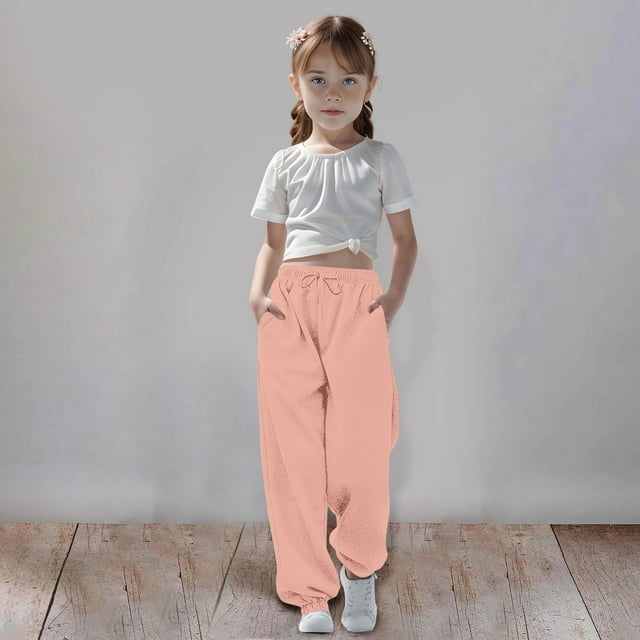 PMVFHDE Kids Pants Medium And Large Children Casual Girls Solid Color Drawstring Sweatpants,Rose Gold,11-12 Years