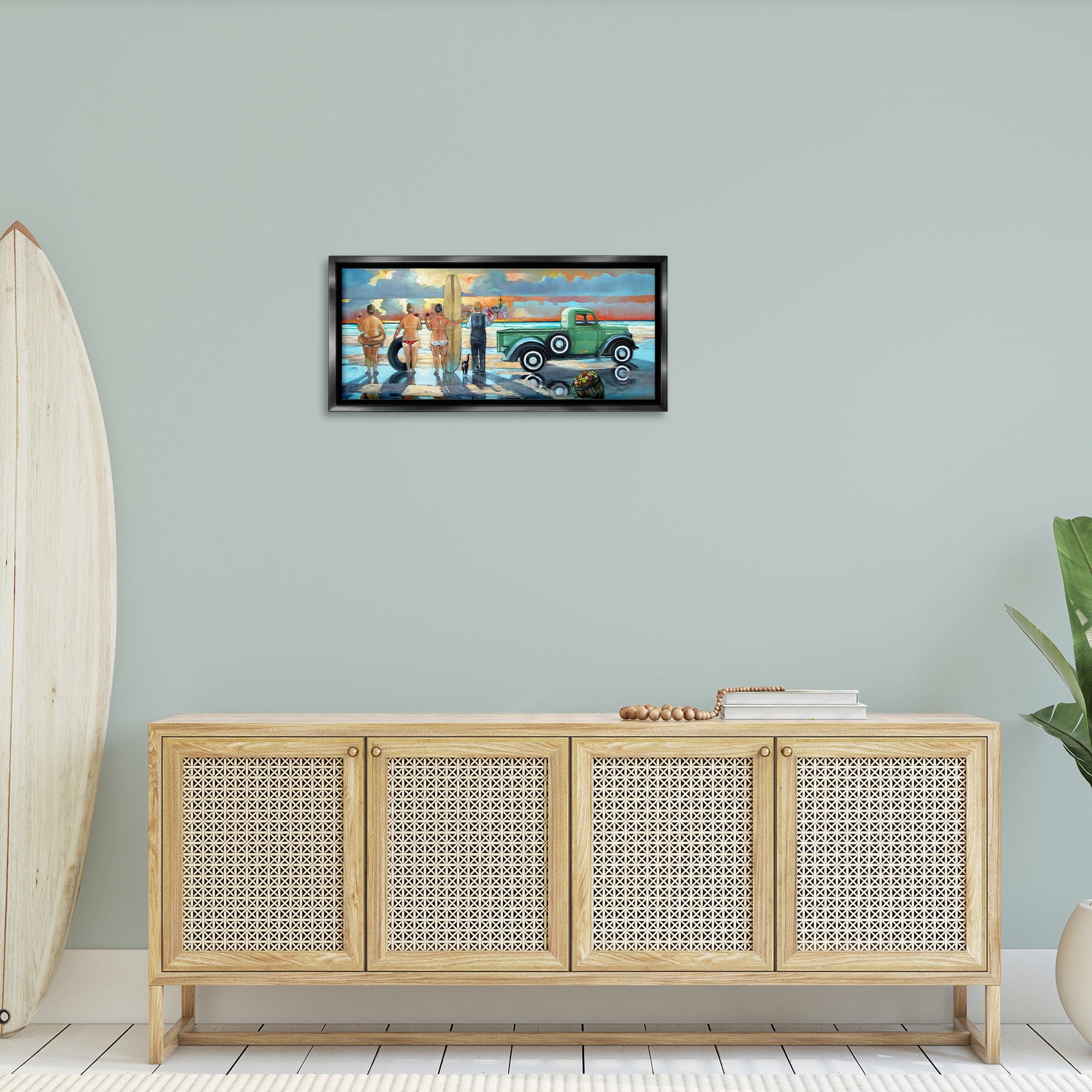 Stupell Industries Butler Serving Beach Girls Scene Nature Painting Black Floater Framed Canvas Art Print Wall Art, 31 x 14