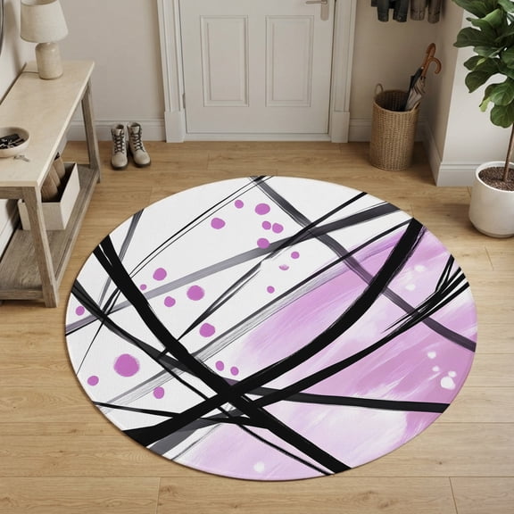 Pink Black Abstract Lines Round Area Rug 4Ft Washable Circle Rugs for Bedroom Dining Room, Modern Geometric Curves Non-Slip Carpet Floor Mats Indoor Outdoor Carpet Runner Aesthetic Home Decor