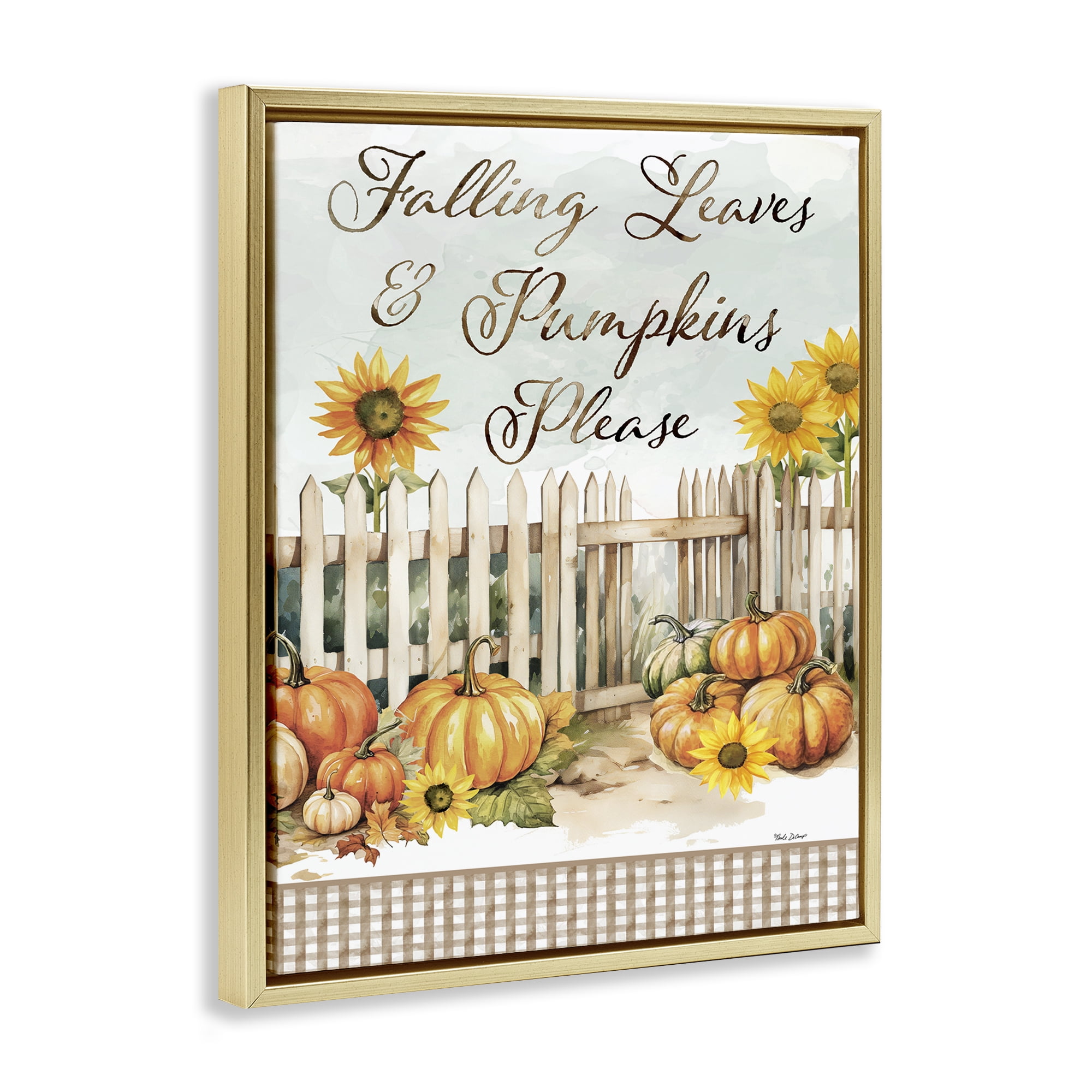 Stupell Industries Pumpkins Please Sentiment Botanical & Floral Painting Gold Floater Framed Canvas Art Prints Wall Art, 17 x 21