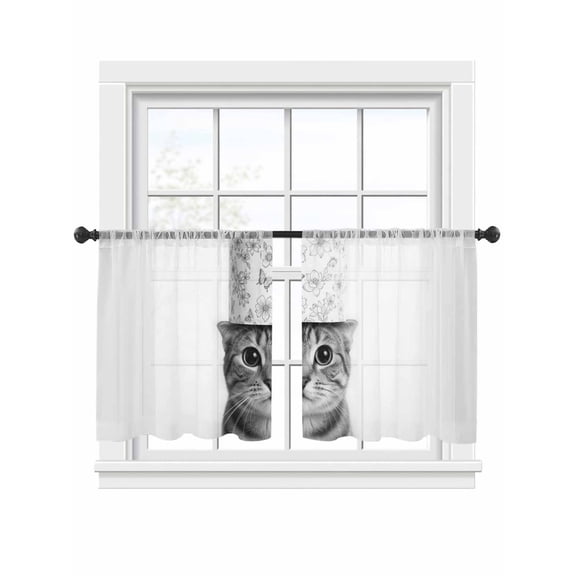 Cute Animal Sheer Curtains 2 Panels Set Vintage Funny Black White Cute Cat with Toilet Paper on Head Sheer Window Curtains Light Filtering Rod Pocket Voile Drapes for Bedroom Living Room 52"x45"