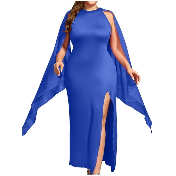 ZQUUVOU Wedding Guest Dresses for Women Elegant High Split Flare Sleeve Cocktail Dress Party Gown Maxi Dress with Cape Blue