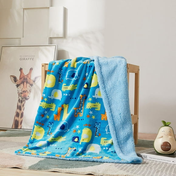 Marina Decoration Reversible Rich Printed Woven Fluffy Plush Soft Warm Flannel Fleece Sherpa Kids Children Blanket, 30 x 40 Inch Yellow Blue Green Color Animal Zoo with Blue Base Pattern