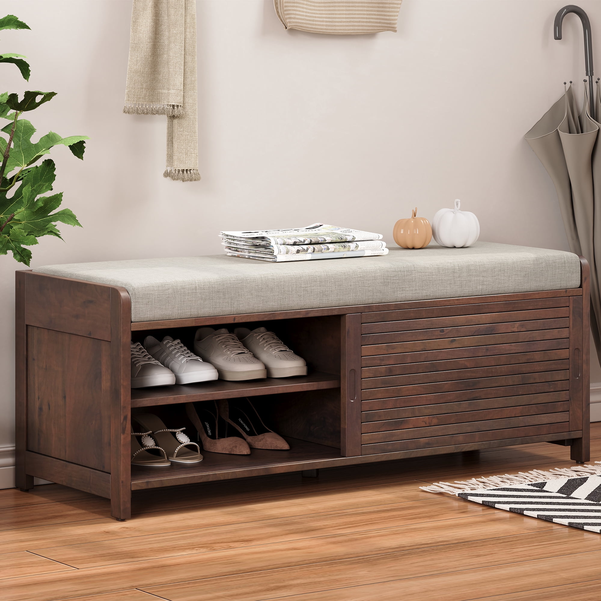 Euroco Shoe Bench with Storage and Cushion, Distressed Shutter Storage Bench with Retro Charm for Living Room, Entryway (Espresso)