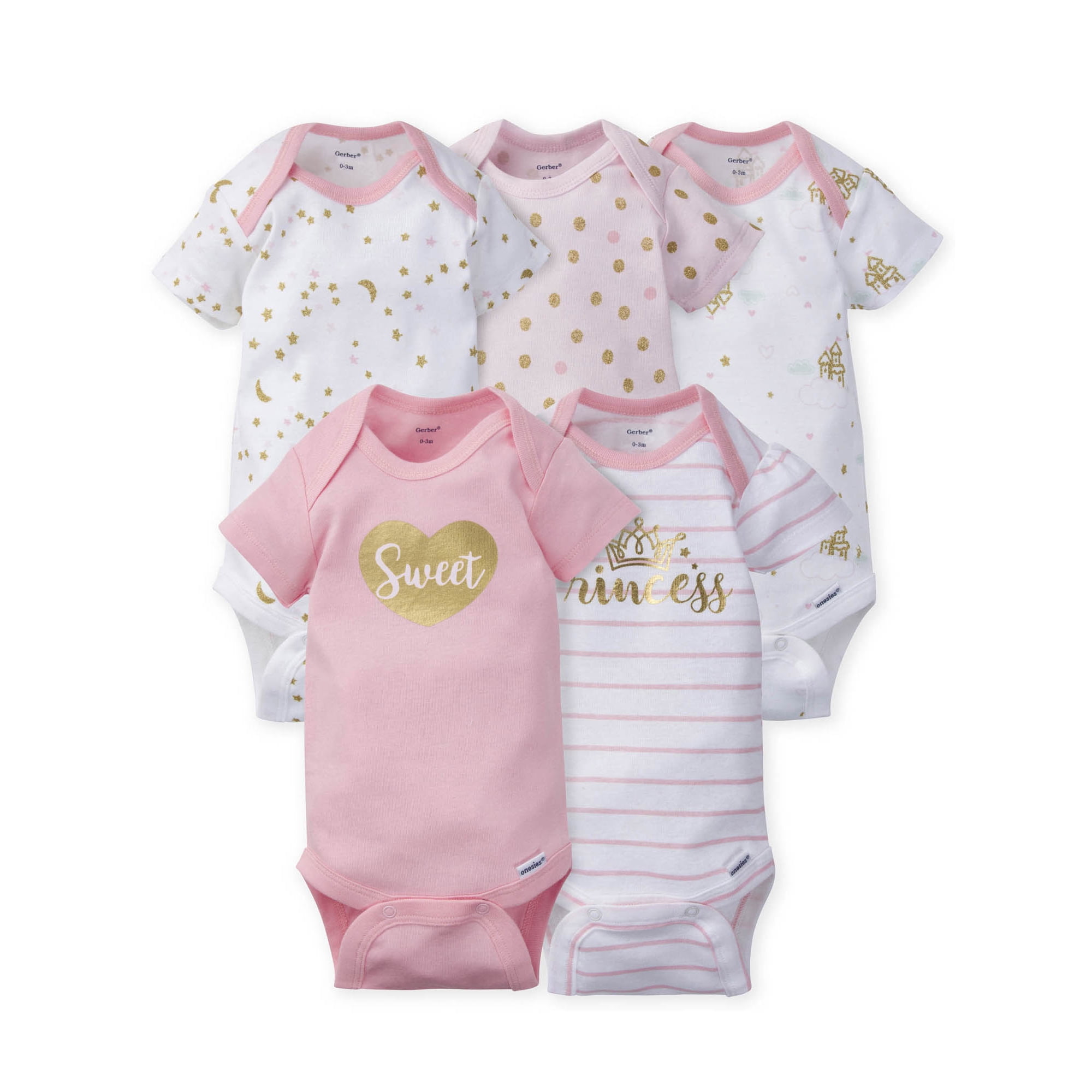 Gerber Baby Girl Short Sleeve Onesies Bodysuits, 5-Pack