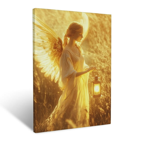 CozyNet A Luminous Angel Holding A Glowing Lantern, Standing In A Serene Meadow Under A Golden Sky Wall Art Prints With Frame Canvas Perfect for Living Room & Bedroom, Wall Decor 12"x16"