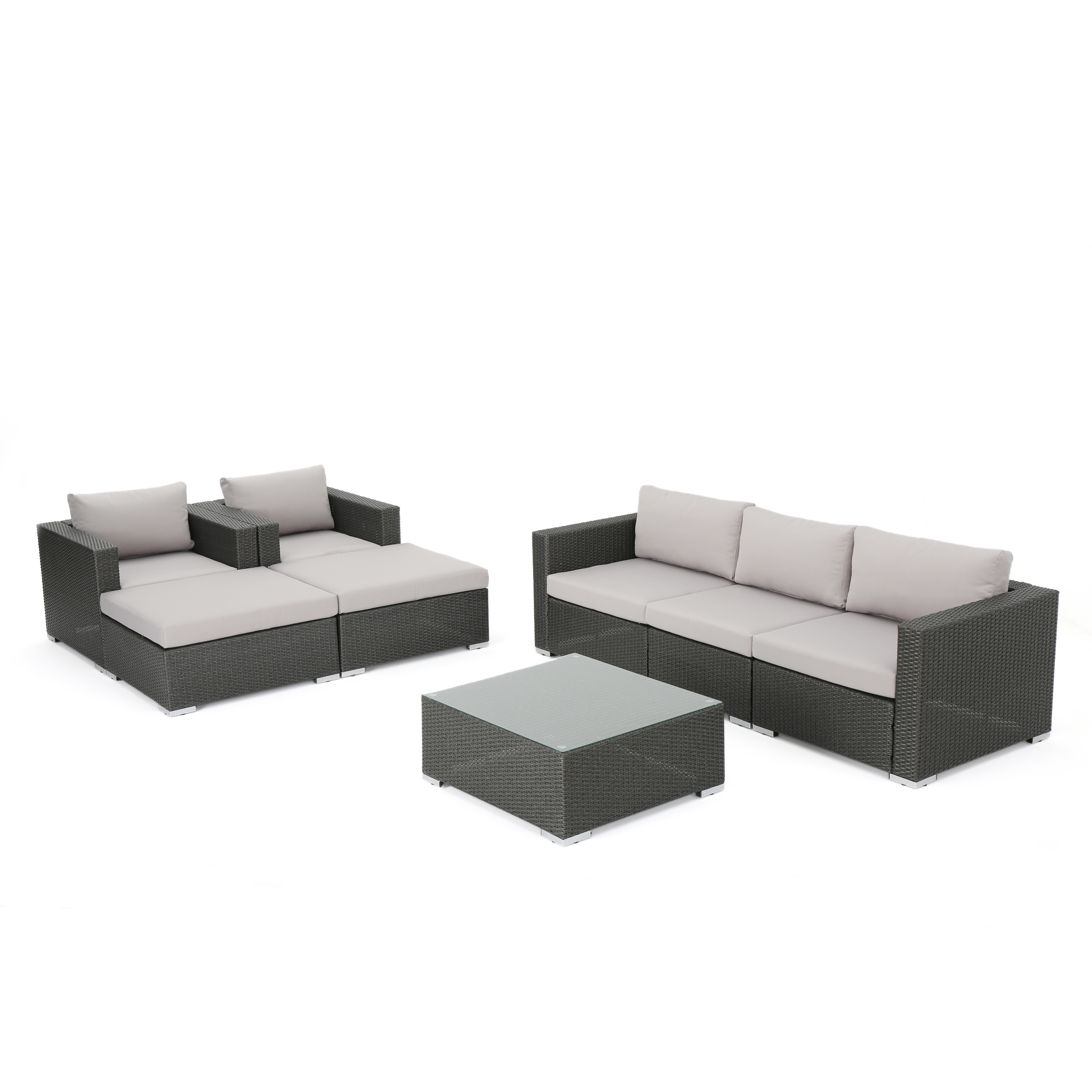 Favioal Outdoor 5 Seater Wicker Chat Set with Aluminum Frame and Cushions, Grey, Silver