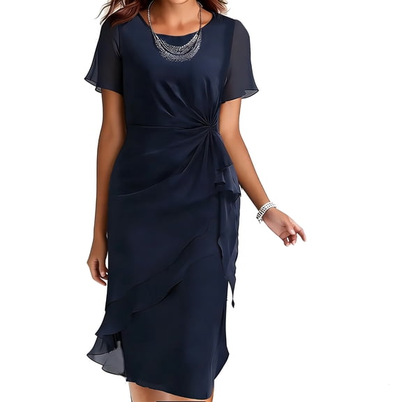 Xdegoge Short Sleeve Midi Dress for Women, Wrap Knot Front Sheath Dresses with Layered Hem, Fitted , Office To Cocktail Wear