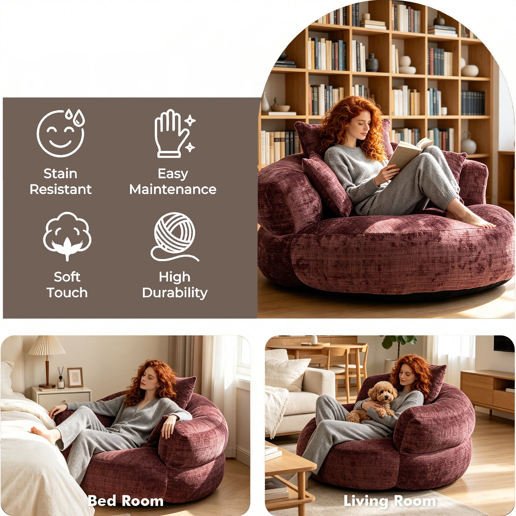 MOONMISS Oversized Bean Bag Chair, Chenille Lazy Bean Bag Sofa with Wrap-Around Backrest & Pillows for Living Room,Wine Red