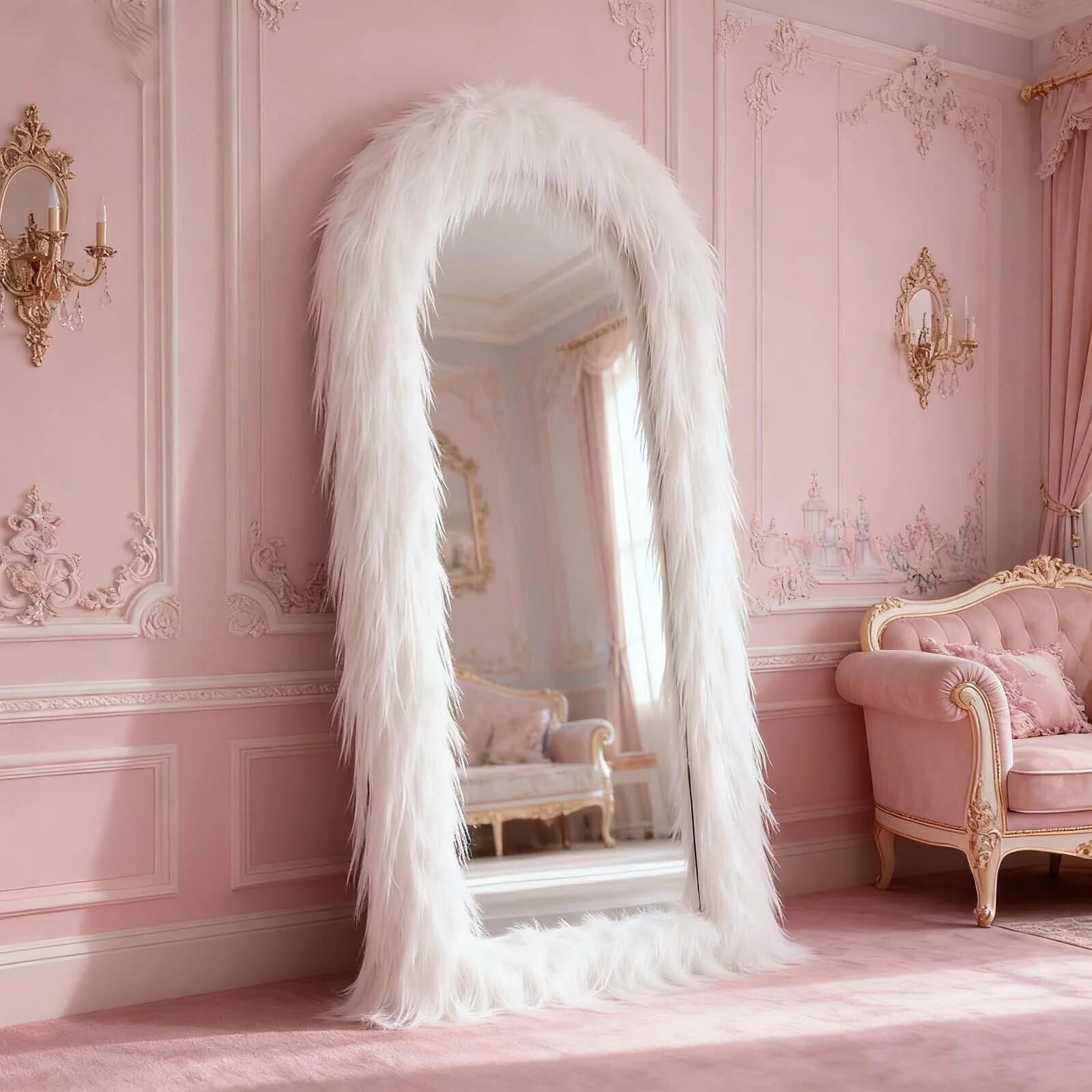 Puremirror 32"x71" Arched Full Length Floor Mirror Soft Fur Framed Wall-Mounted Decorative Mirror, White