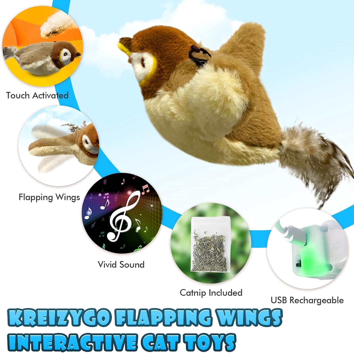 Cat Toys, Flapping Wings Sparrow, No Flying, Chirping Bird Interactive Catnip Toy, Touch Activated, Rechargeable
