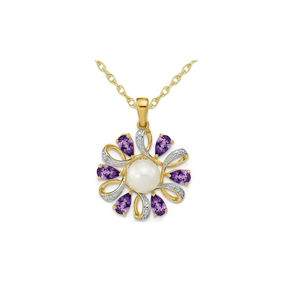 1.50 Carat (Ctw) Amethyst Flower Pearl Pendant Necklace in 14K Yellow Gold with Chain