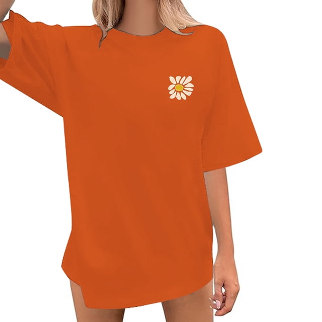 LUOGENLI T-shirts pour Femme pour Femmes T-Shirt Décontracté et à la Mode Coloré à Imprimé de Fleurs Sauvages Col Rond T-Shirt Ample Hauts T-shirts pour Femmes T-Shirt Graphique Saint-Valentin Orange TTG