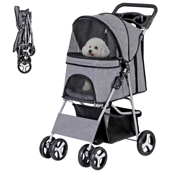 Foldable Pet Stroller, Cat/Dog Stroller with 4 Wheel, Pet Travel Carrier Strolling Cart with Storage Basket, Cup Holder (Grey)