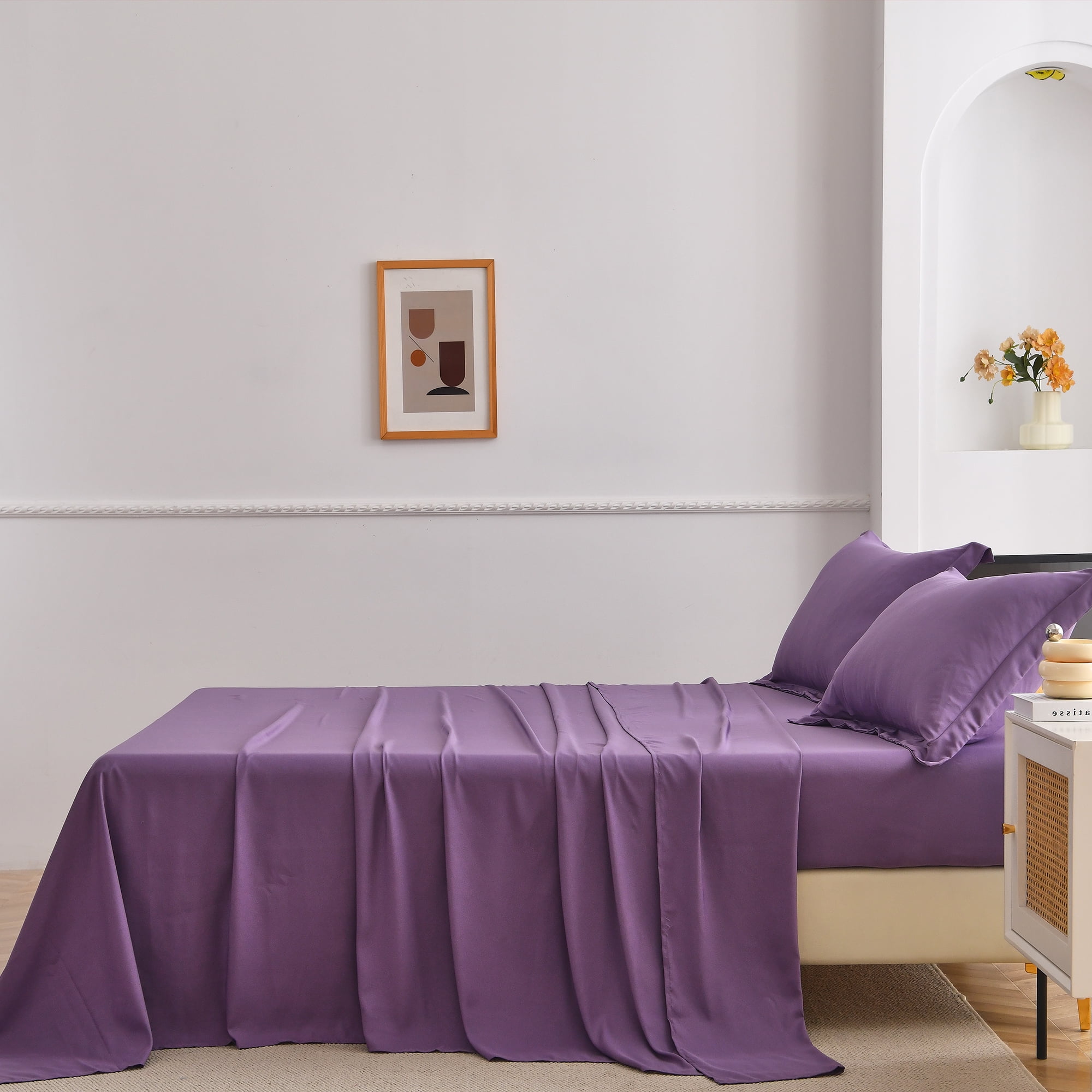 Jessy Home Bed Sheets Set 4 Piece Queen/Full Sheet Set Purple Cotton Blend Fitted Sheet, Flat Sheet & 2 Pillowcases Bedding Set