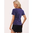 thumbnail image 3 of Camiseta casual de manga corta con cuello en V y parte superior de terciopelo para mujer Púrpura L, 3 of 5