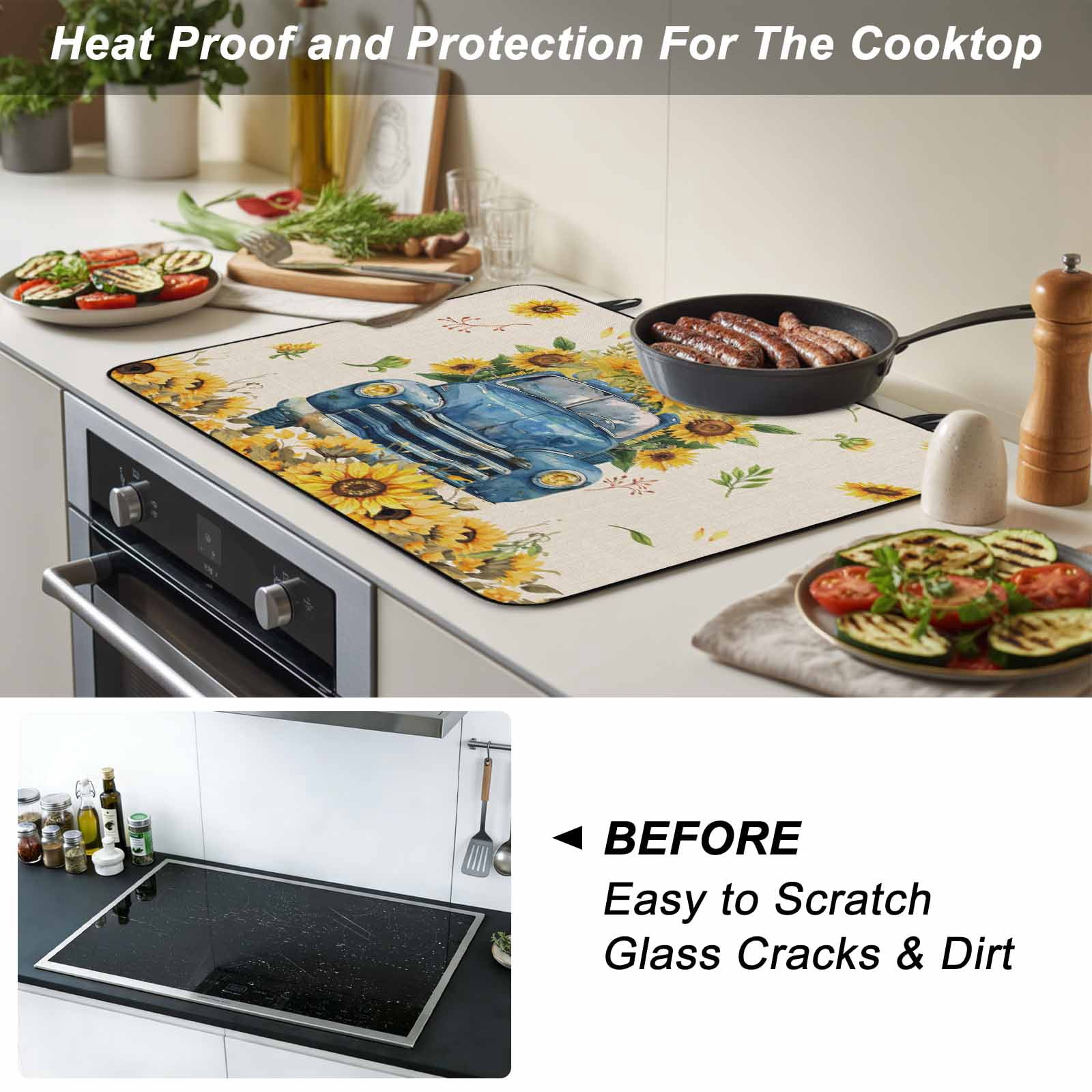 Sunflower Stove Top Cover for Electric Stove, Heat-proof & Non Slip Glass Top Stove Cover Protector, Watercolor Summer Floral Truck Vintage Kitchen Flat Cooktop Rubber Mat 31x24 Inches