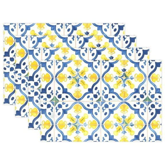 Bohomia Blue and Yellow 4 PCs Placemats Set Linen Non-Slip Table Mat Rectangular Washable for Dining Kitchen Party 12"x18"