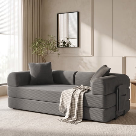 Modular Sectional Sofa Couch with Two Storage Bag, Plush Corduroy Upholstered Couch, Modern Sleeper Couches for Living Room, No Assembly Required, Gray