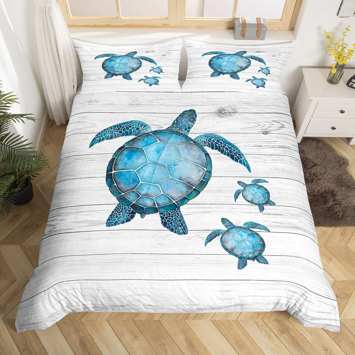 Kids Blue Tortoise Bedding Set, Sea Turtle Ocean Comforter Cover King