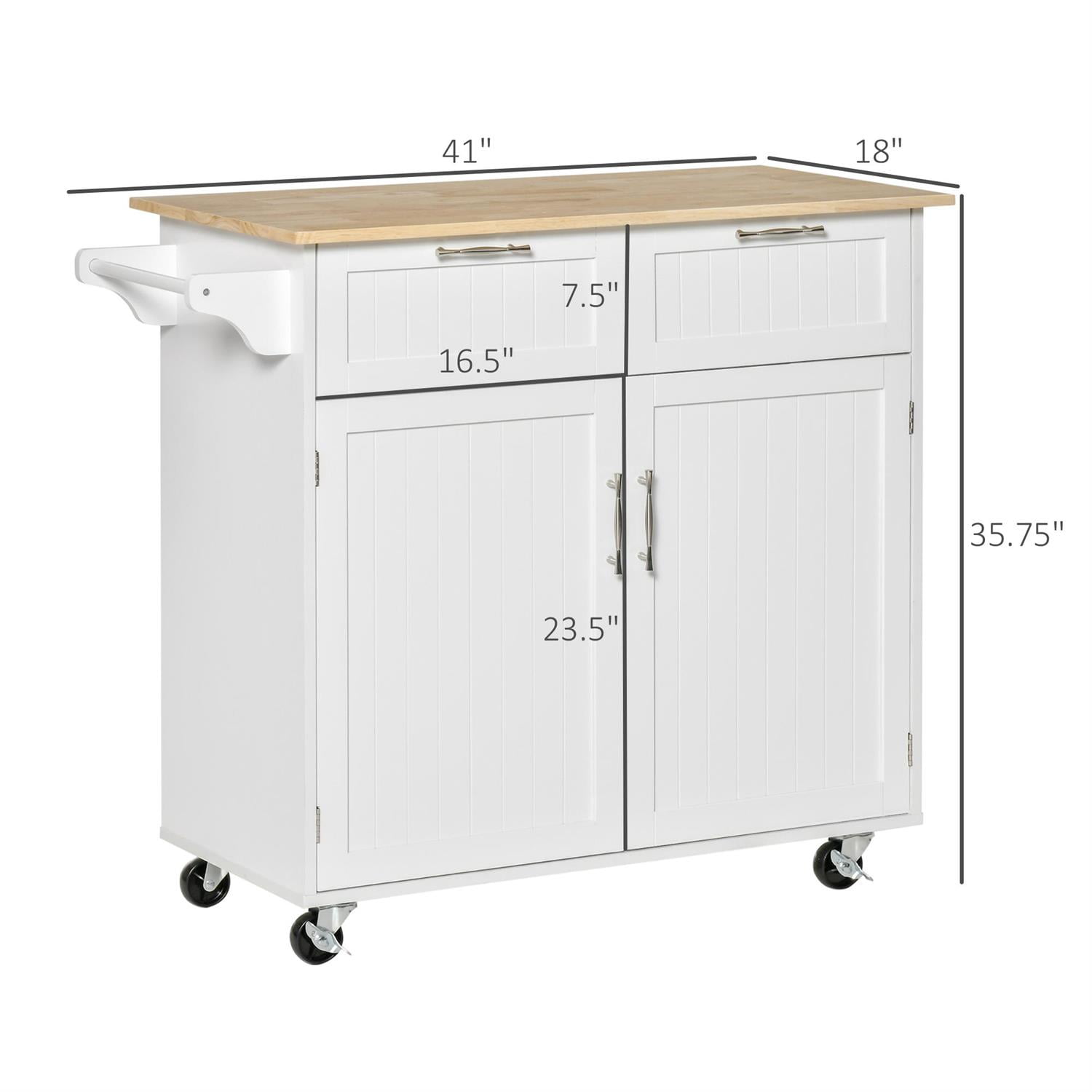 Demi Bonn 41" Modern Rolling Kitchen Island Cart with Wheels, Utility Storage Trolley, Rubberwood Top & Drawers for Home & Kitchen Organization, White
