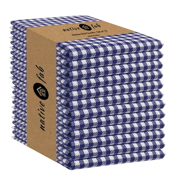 Native Fab 12 Pack Gingham Checked Plaid Kitchen Towel - Soft Cotton - Washcloths - 16x26 - Blue