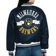 thumbnail image 3 of Women's Starter  Navy Milwaukee Brewers Printed Logo Cropped Satin Varsity Full-Snap Jacket, 3 of 3