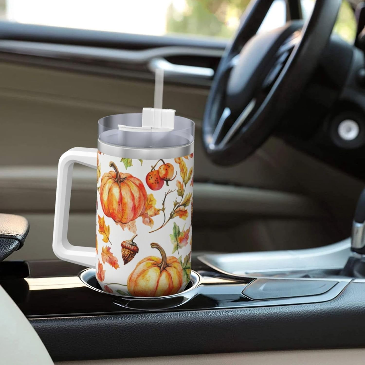 Fall Pumpkin 40 Oz (1200 ml) Insulated Coffee Tumbler with Handle and Straw Lid, Reusable Stainless Steel Travel Mug Cup for Women Men Party Birthday Gifts