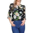 thumbnail image 1 of Blusa de Chiffon Floral para Mujeres Inspire Chic de Manga 3/4 con Cuello Redondo y Dobladillo con Volantes en Negro-Verde Floral Talla M, 1 of 6