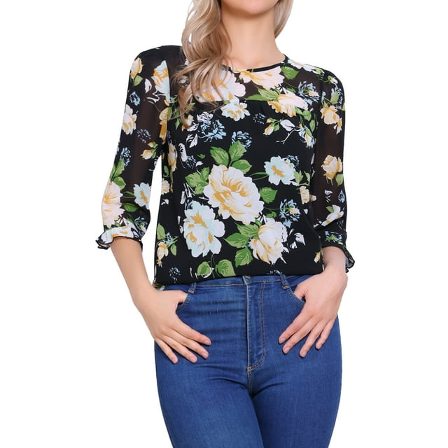 Blusa de Chiffon Floral para Mujeres Inspire Chic de Manga 3/4 con Cuello Redondo y Dobladillo con Volantes en Negro-Verde Floral Talla M