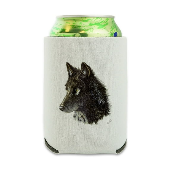 Wild Black Wolf Head Can Cooler - Drink Sleeve Hugger Collapsible Insulator - Beverage Insulated Holder