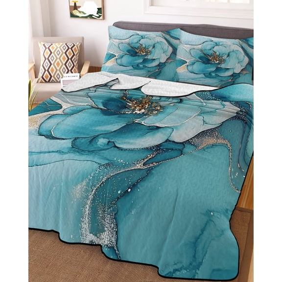 Teal Floral Marble Queen Size Down Alternative Comforter, Lightweight Comforter Quilt Bedding Set with Pillow Shams Modern Abstract Ink Painted Art All Seasons Bed Comforter Duvet Insert 90"x96"
