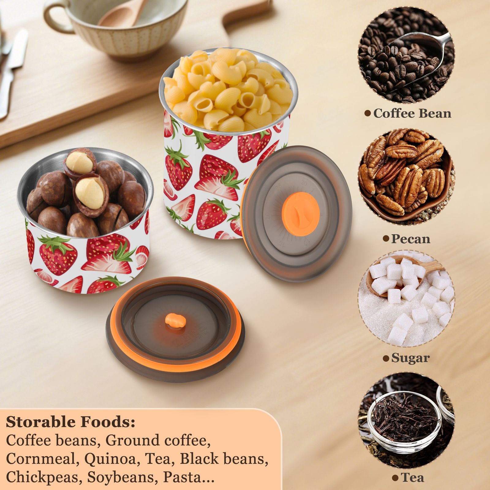 Strawberry Fruit Airtight Coffee Bean Canister 30oz Food Storage Containers with Lids For Gournd, Tea, Sugar, Flour, Rice, Cereal, Candy Cookie Jar